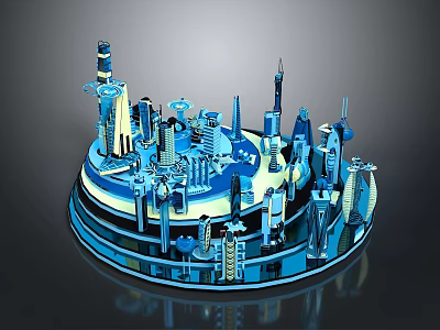 Blue 3D Architectural City Model Featuring Skyscrapers And Circular Reflective Base 3d model