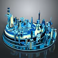 Blue 3D Architectural City Model Featuring Skyscrapers And Circular Reflective Base 3d model