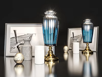 Elegant Decorative Ornament Set With Blue Vases Golden Bases Photo Frames And Candles 3d model