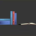 Vibrant Blue and Red Stacked Books with Open Page on Reflective Surface