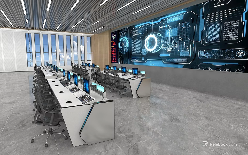 Modern Control Room Functional Desks Neatly Arranged With Computers And Displays Against Electronic Monitoring Wall 3d model 