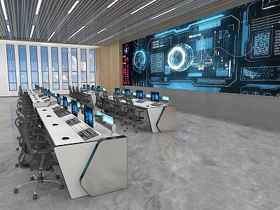 Modern Control Room Functional Desks Neatly Arranged With Computers And Displays Against Electronic Monitoring Wall 3d model