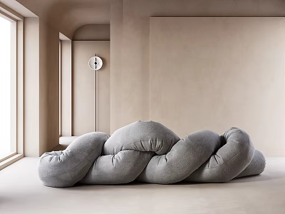 Gray Soft Fabric Abstract Shaped Sofa in Minimalist Interior With Bright Light and Wall Clock 3d model