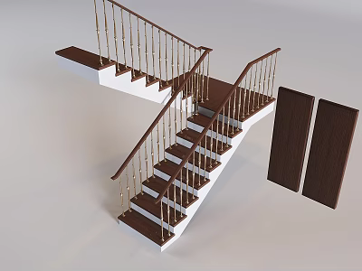 Modern Staircase Interior Design With Double Flight Wooden Treads Golden Railings And Dark Panels 3d model