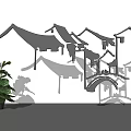 Decorative White Background Wall With Traditional Chinese Architecture Silhouettes And Green Plant