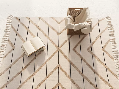 Square Rug With Brown Geometric Lines Beige Background Fringed Edges Open Book And Woven Basket 3d model