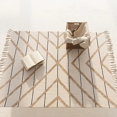 Square Rug With Brown Geometric Lines Beige Background Fringed Edges Open Book And Woven Basket 3d model
