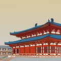 Traditional Ancient Chinese Pagoda Architecture With Blue Roof Red Pillars And Courtyard Steps