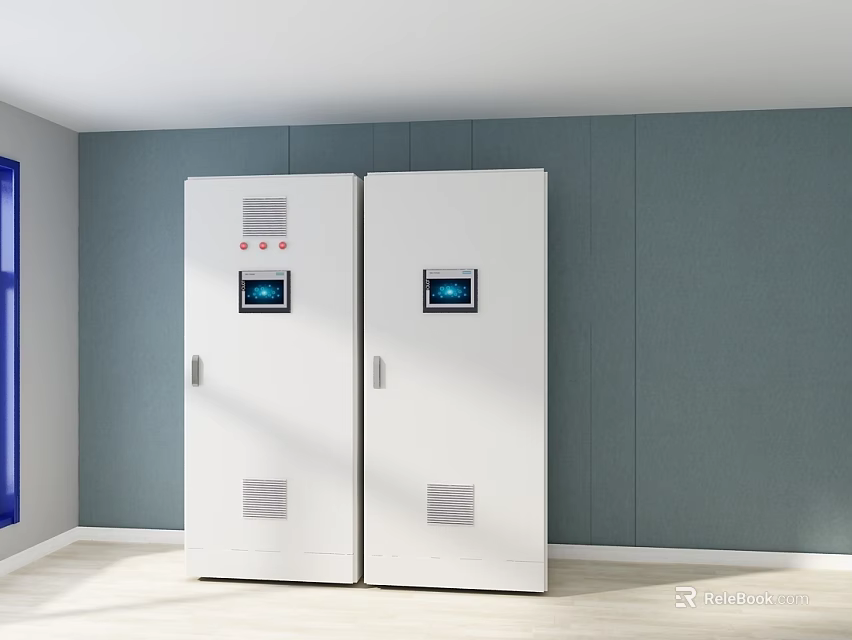 White Industrial Control Cabinets With Digital Screens Against Gray Wall Indoor 3d model 