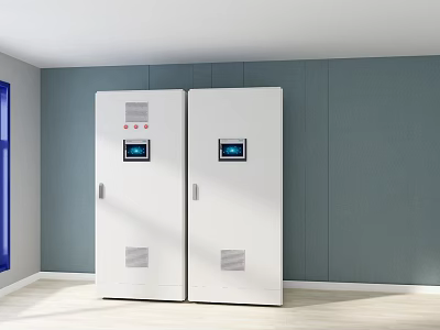 White Industrial Control Cabinets With Digital Screens Against Gray Wall Indoor 3d model