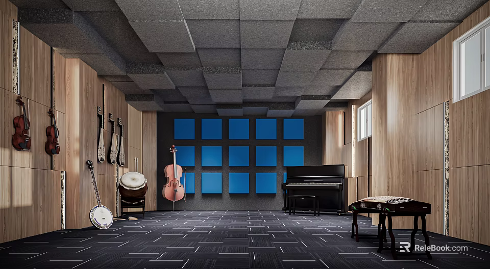 School Music Classroom Featuring Soundproof Ceiling Blue Windows Piano Violins And Drums 3d model 