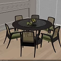 Round Dining Table Set With Black Tabletop Rattan Backrest Chairs Green Cushions And Wooden Floors