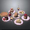 Delicate Colorful Dessert Assortment With Strawberries Cream Macarons And Purple Plates