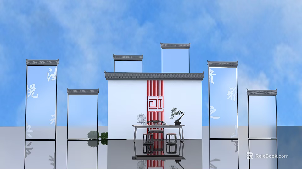 Traditional Chinese Architectural Scene With Eaves Screens Calligraphy Table And Potted Plant 3d model 