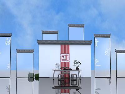Traditional Chinese Architectural Scene With Eaves Screens Calligraphy Table And Potted Plant 3d model