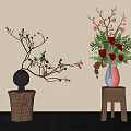 Elegant Decorative Arrangement With Wooden Stools Black Globular Blue Vase Red Berry Branches Pink Flowers