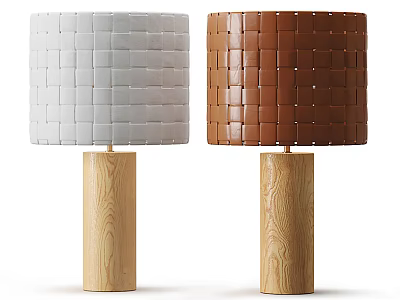Modern Table Lamp With White and Brown Woven Shades And Natural Wood Stand 3d model