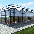 Large Modern Glass Greenhouse Structure With Transparent Panels And Grass Surroundings