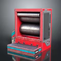 Red Industrial Machine Structure With Black Rollers Metal Platform And Control Panel