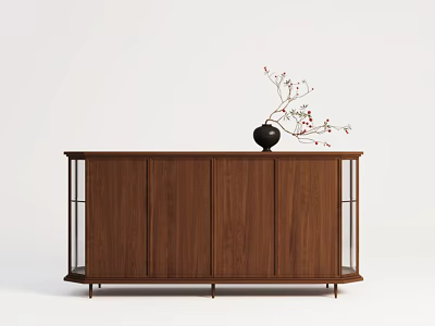 Minimalist Wooden Sideboard With Metal Frame And Decorative Vase With Branches On Top 3d model