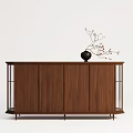 Minimalist Wooden Sideboard With Metal Frame And Decorative Vase With Branches On Top