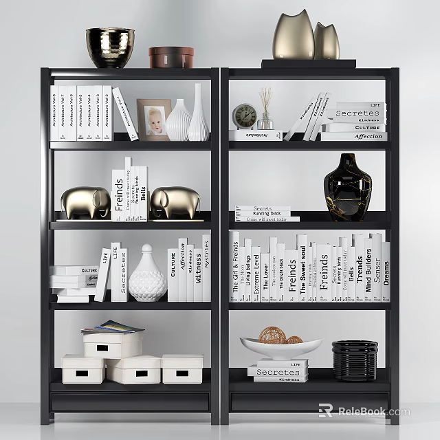 Modern Bookshelf Interior With Layered Books Decorative Vases Elephant Figurines And Storage Boxes 3d model 