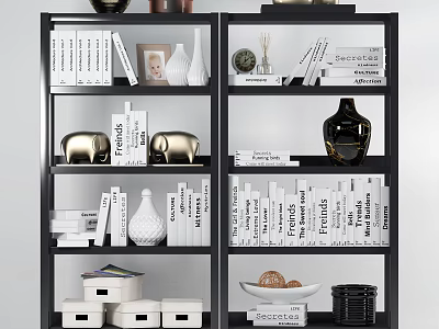 Modern Bookshelf Interior With Layered Books Decorative Vases Elephant Figurines And Storage Boxes 3d model