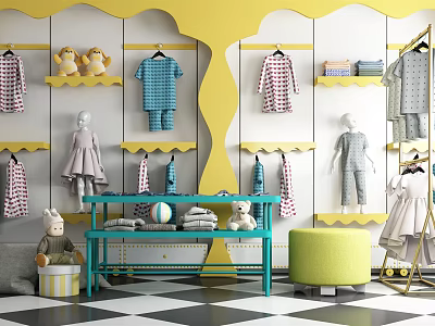 Colorful Children's Clothes Hangers On Turquoise Rack With Yellow Wall Green Stool And Stuffed Toys 3d model