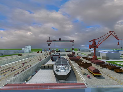 Large Ship Under Construction In Industrial Shipyard With Cranes And Facilities 3d model