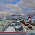 Large Ship Under Construction In Industrial Shipyard With Cranes And Facilities 3d model