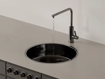 Modern Kitchen Faucet With Water Dripping Into Black Sink On Gray Countertop 3d model