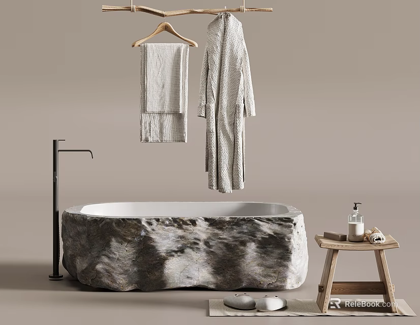 Natural Stone Bathtub With Hanging Bathrobe Towel Wooden Stool And Toiletries 3d model 