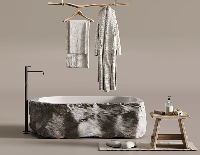 Natural Stone Bathtub With Hanging Bathrobe Towel Wooden Stool And Toiletries 3d model