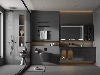Modern Gray Bathroom Interior Featuring Shower Area Toilet Vanity Mirror And Cabinets 3d model