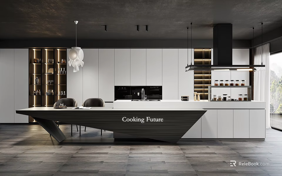 Modern Kitchen Interior Design With White Cabinets Island Counter And Hanging Lights 3d model 
