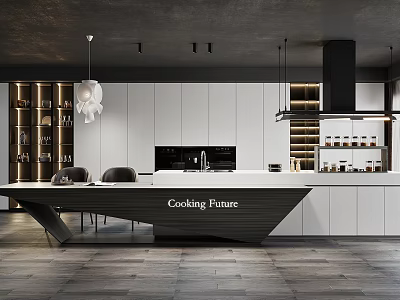 Modern Kitchen Interior Design With White Cabinets Island Counter And Hanging Lights 3d model