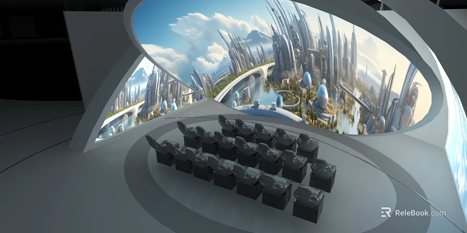 Futuristic Cityscape Display Venue With Curved Screen Black Seats Green Plants And Water 3d model 