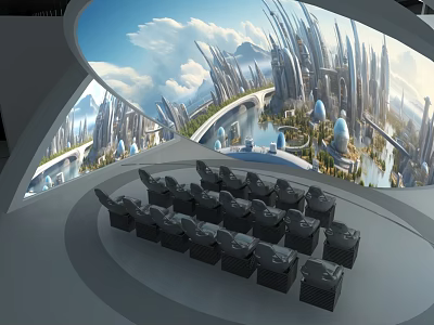 Futuristic Cityscape Display Venue With Curved Screen Black Seats Green Plants And Water 3d model