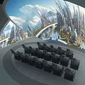 Futuristic Cityscape Display Venue With Curved Screen Black Seats Green Plants And Water