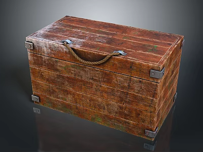 Vintage Wooden Storage Chest With Rope Handle Metal Clasps And Worn Texture 3d model
