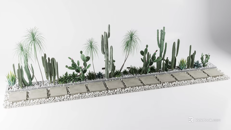 Scenic Park Landscape Featuring Cacti Palm Trees Stone Slabs Path And Pebbles 3d model 