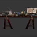 Wooden Table With Alchemy Tools Open Book Vials Scrolls And Magical Items