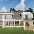 Two Story Detached Villa With Gray Roof Stone Wood Exterior Green Lawn And Trees