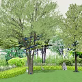 Night Garden Scene With Illuminated Trees Blue Lights Green Grass Shrubs And Mist