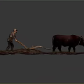 Charming Cartoon Scene of Farmer Plowing Field With Two Oxen and Wooden Plow