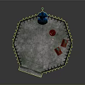 Round Stone Platform Scene With Black Iron Railing Blue Cello Red Stool And Dog Bed