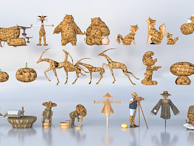 Straw Crafted Garden Ornaments With Animal Figures Scarecrow Pumpkin And Decorative Basket 3d model