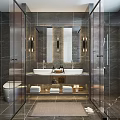 Modern Luxury Dark Marble Bathroom With Double Vessel Sinks And Frameless Glass Shower Enclosure
