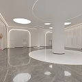 Modern Hotel Corridor With White Walls Round Pendant Lights Sleek Grey Flooring And Decorative Sculpture