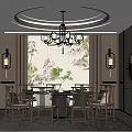 Modern Private Dining Room With Round Table Chairs Chandelier Curtains And Decorative Paintings